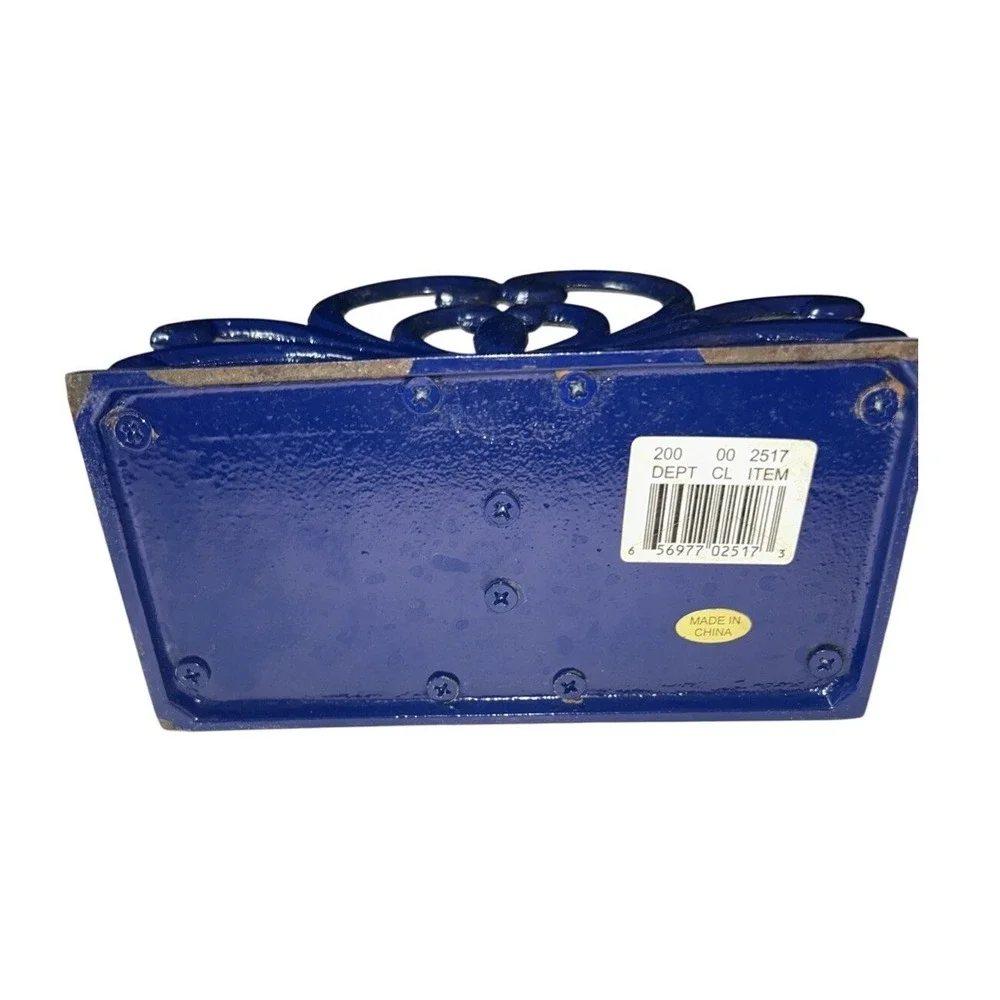 Cast Iron Enamel Napkin S&P Holder Cobalt Blue Scroll Country Farmhouse Cottage